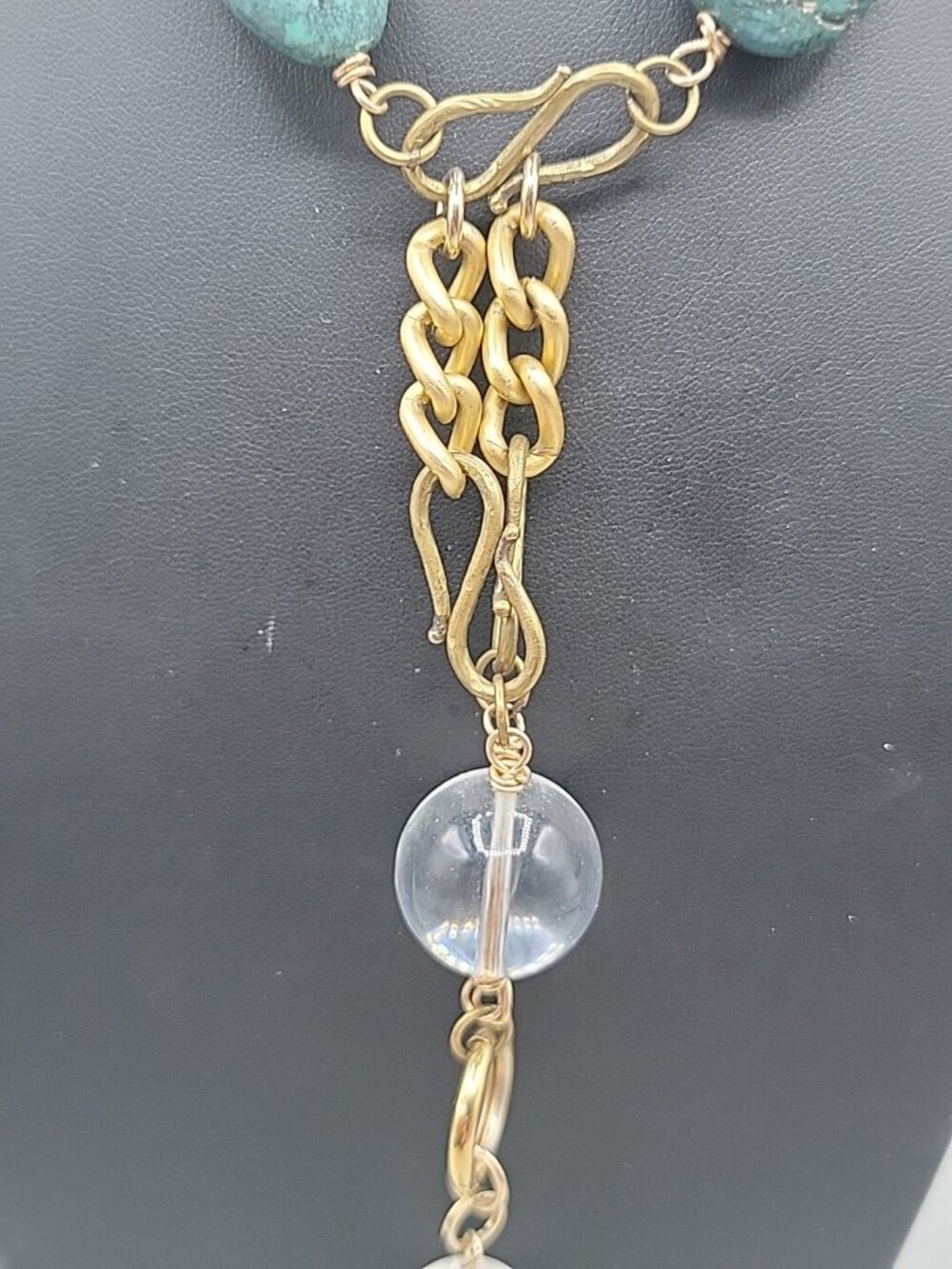 Vintage Turquoise Stone & Gold Chain Necklace Large Natural Turquoise Pendant - Picture 8 of 16